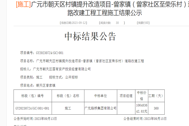 喜報:路橋集團中標(biāo)廣元市朝天區(qū)村鎮(zhèn)提升改造項目-曾家鎮(zhèn)(曾家社區(qū)至榮樂村)道路改建工程